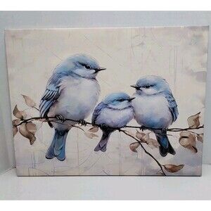 16X12 Canvas Lithograph On Wood Frame 3 Bluebirds On A Branch